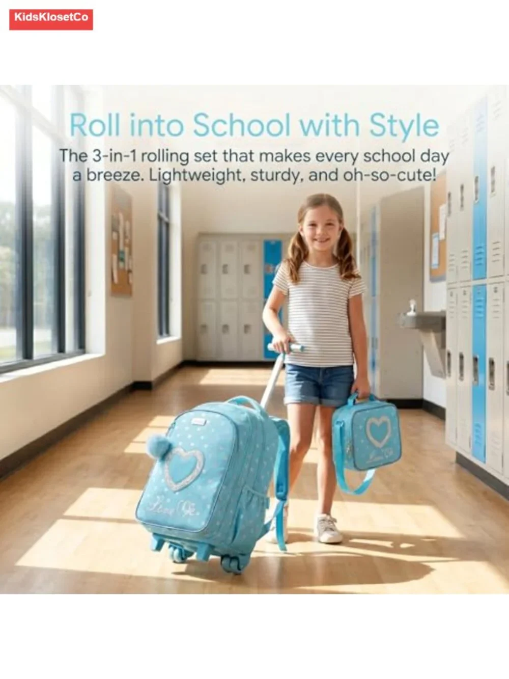 Kids Rolling Backpack with Wheels, Nylon Trolley School Bag for Girls, 3-in-1